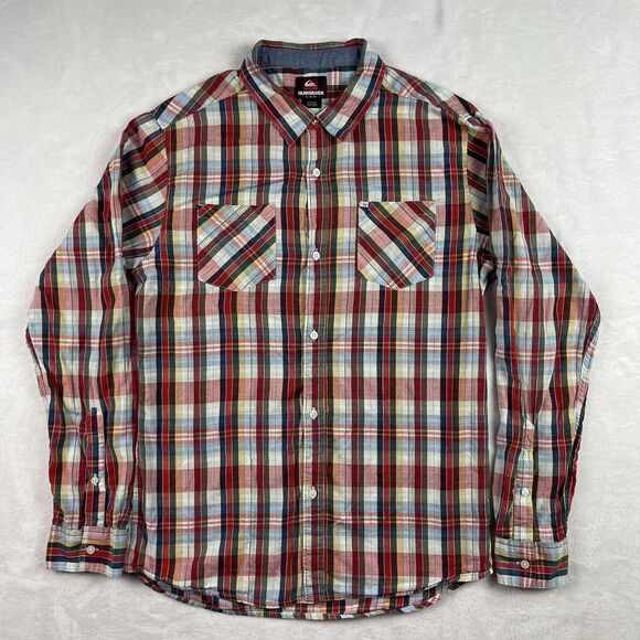 Quicksilver Shirt Mens Large Red Plaid Casual‎ Pockets Lightweight Surf Work - Picture 1 of 16